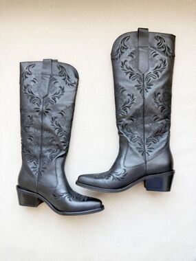 Anthropologie Stivali Black Leather Jolene Western Embroidered Tall Cowboy Boots